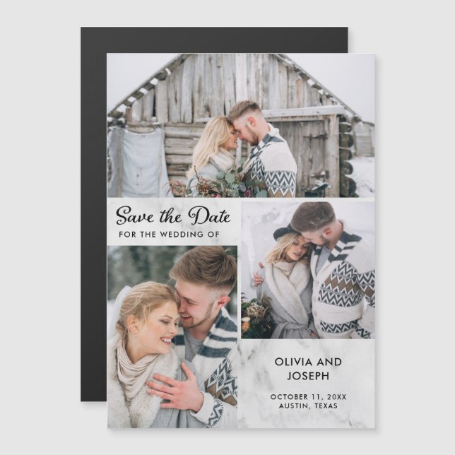 Three Photo Save the Date | Marble Look Magnetic Invitation (Front/Back)