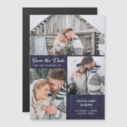 Three Photo Save the Date  Rustic Blue Wood Magnetic Invitation