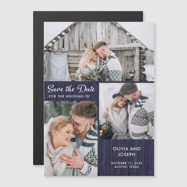 Three Photo Save the Date | Rustic Blue Wood Magnetic Invitation (Front/Back)