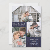 Three Photo Save the Date | Rustic Blue Wood Magnetic Invitation (Front)