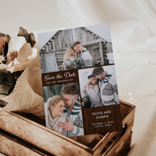 Three Photo Save the Date  Rustic Wood Magnetic Invitation