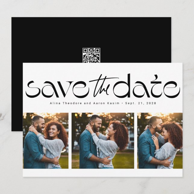 Three photo simple modern trendy black white save the date (Front/Back)