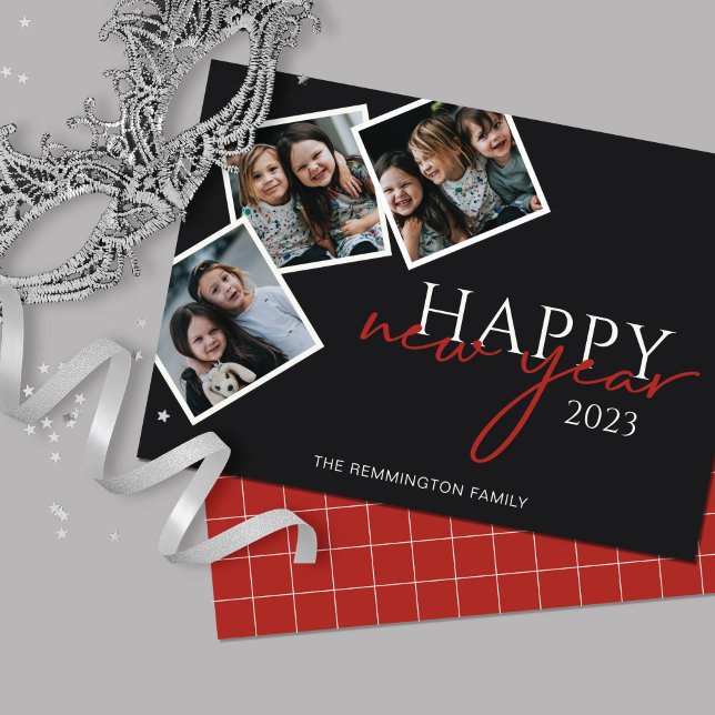 Three Photo Snapshots New Year Black Holiday Card (Creator Uploaded)