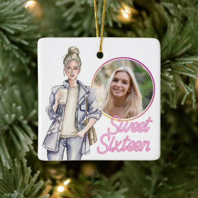 Three PHOTO Sweet Sixteen Trendy Girl Christmas Ceramic Ornament (Tree)