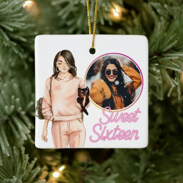 Three PHOTO Sweet Sixteen Trendy Girl Christmas Ceramic Ornament (Tree)