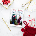 Three Photo Vertical Red Script Merry Christmas Holiday Card<br><div class="desc">This simple and modern double-sided Merry Christmas holiday card features a template for three vertical photos plus fully editable text so you can choose your favorite greeting.</div>