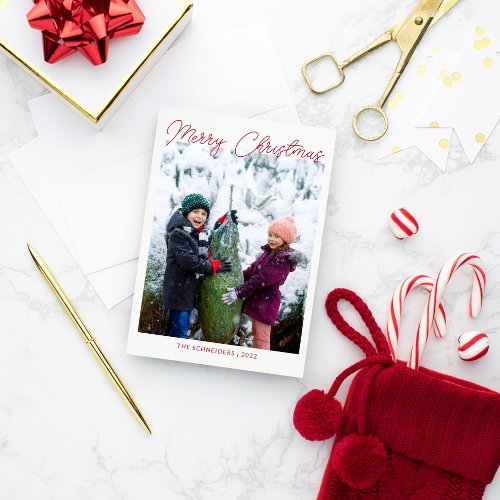 Three Photo Vertical Red Script Merry Christmas Holiday Card