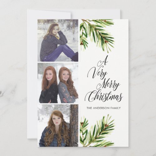 Three Photo Watercolor Pine Branches Christmas Holiday Card