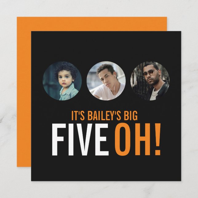 Three photos 50th FIVEOH! photo birthday invites (Front/Back)