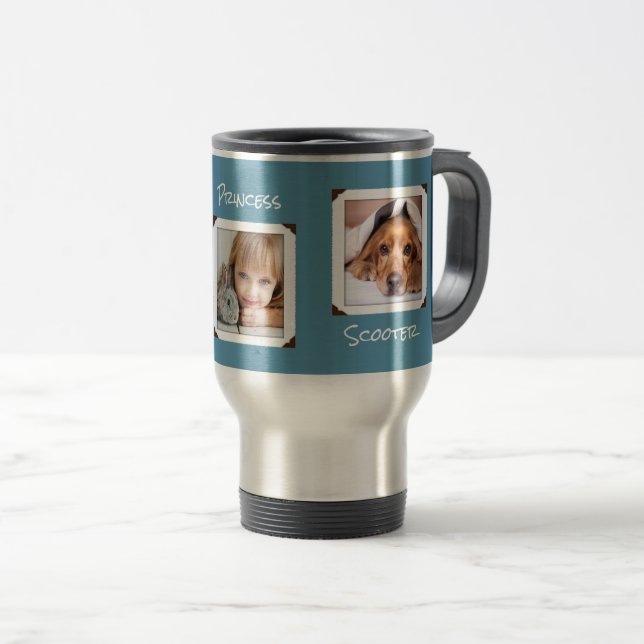 Three Photos and Names Colonial Blue Travel Mug (Front Right)