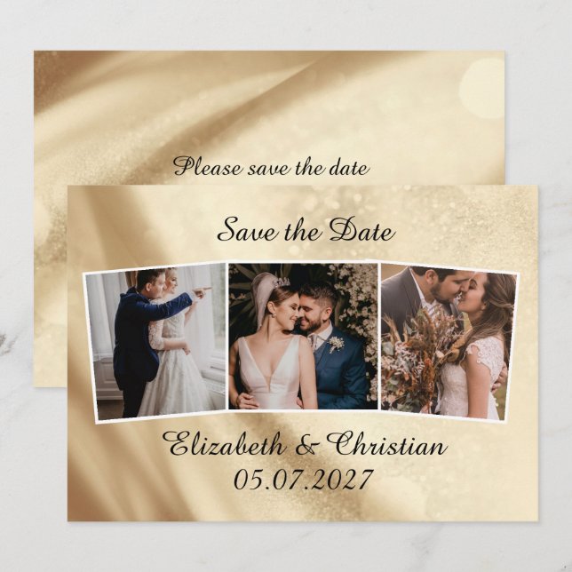 Three Photos Gold Foil Elegant Save The Date Invitation (Front/Back)