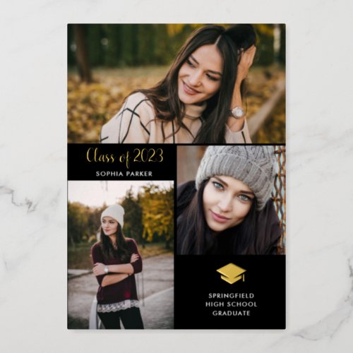 Three Photos  Gold Foil Graduation Announcement