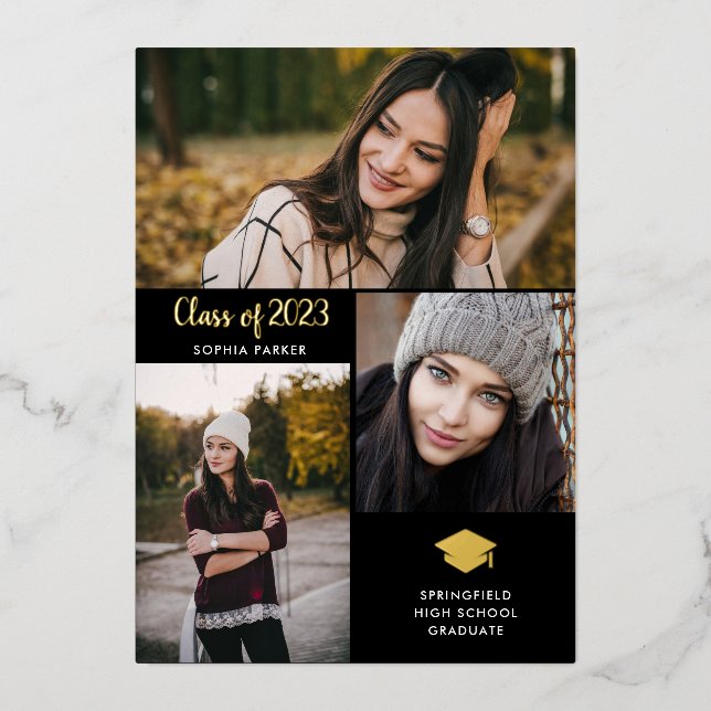 Three Photos | Gold Foil Graduation Announcement (Front)