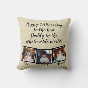 Three Photos Happy Father's Day Linen Look Throw Pillow