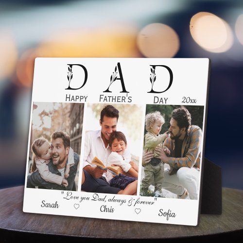 Three photos happy Fathers day white modern Plaque