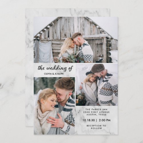 Three Photos on Elegant Marble Look  Wedding Invitation