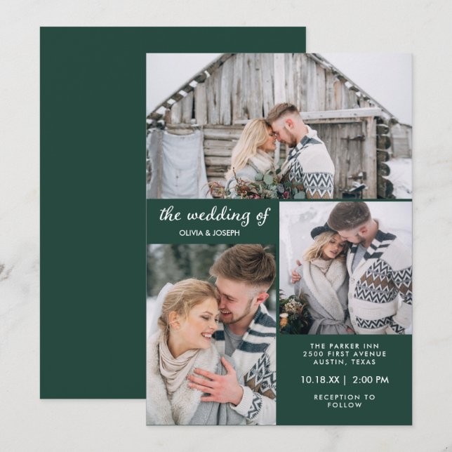 Three Photos on Emerald Green | Wedding Invitation (Front/Back)