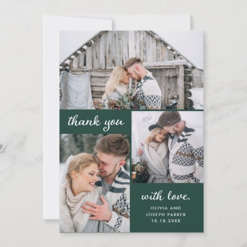 Three Photos on Emerald Green  Wedding Thank You Card