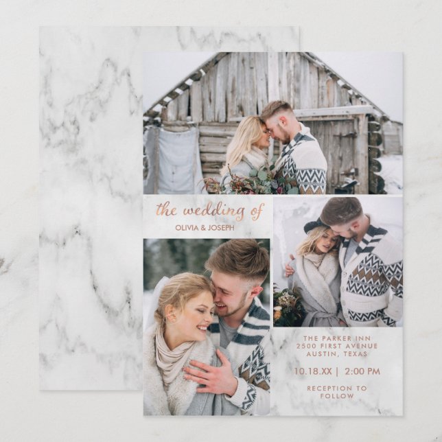 Three Photos on Marble and Rose Gold | Wedding Invitation (Front/Back)