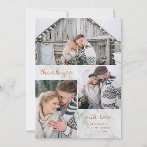Three Photos on Marble with Rose Gold  Wedding Thank You Card