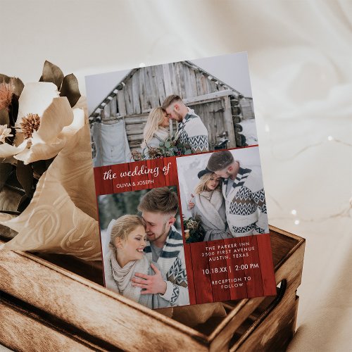 Three Photos on Red Wood Look  Christmas Wedding Invitation