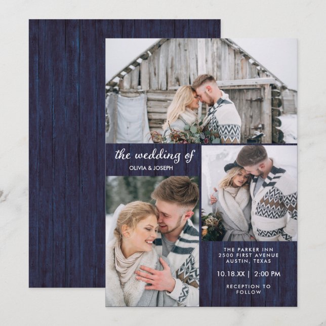 Three Photos on Rustic Blue Wood Look | Wedding Invitation (Front/Back)