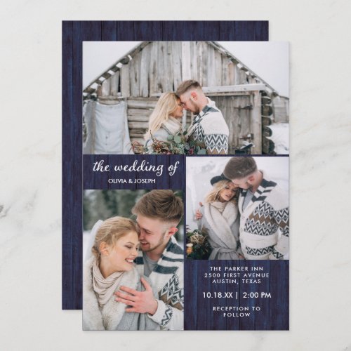 Three Photos on Rustic Blue Wood Look  Wedding Invitation