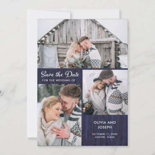 Three Photos on Rustic Blue Wood Look  Wedding Save The Date