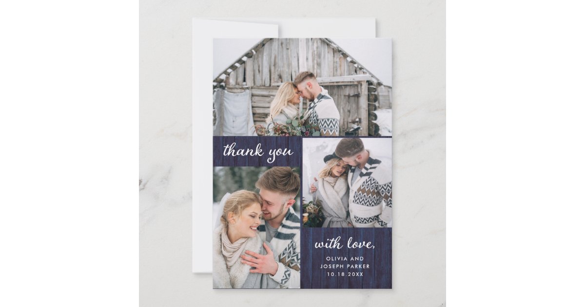 Three Photos on Rustic Blue Wood Look | Wedding Thank You Card | Zazzle