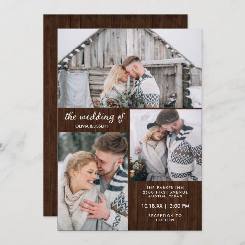 Three Photos on Rustic Wood Look  Wedding Invitation