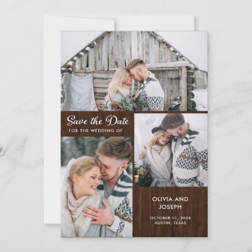 Three Photos on Rustic Wood Look  Wedding Save The Date