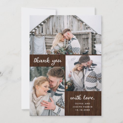 Three Photos on Rustic Wood Look  Wedding Thank You Card