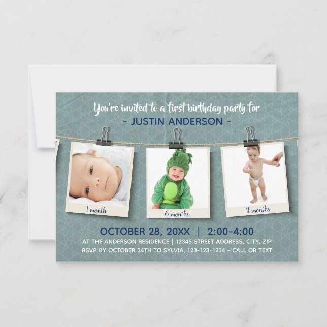 Three Photos on Twine-3x5Birthday Party Invitation (Front)