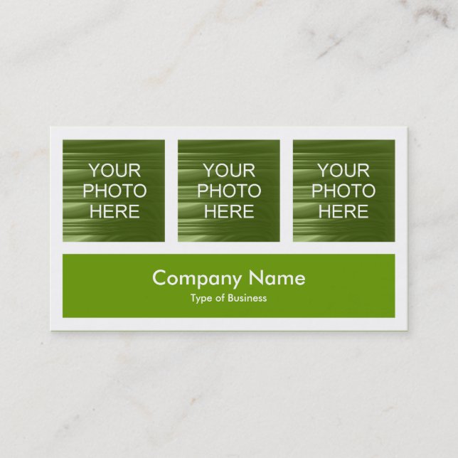 Three Photos Plus One - Avocado Green Business Card (Front)