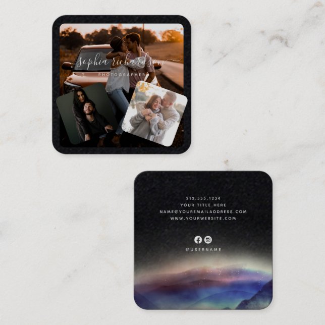 Three Photos Premium Black and White Signature Square Business Card (Front/Back)