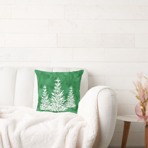 Three Pine Trees Green Watercolor Abstract Throw Pillow