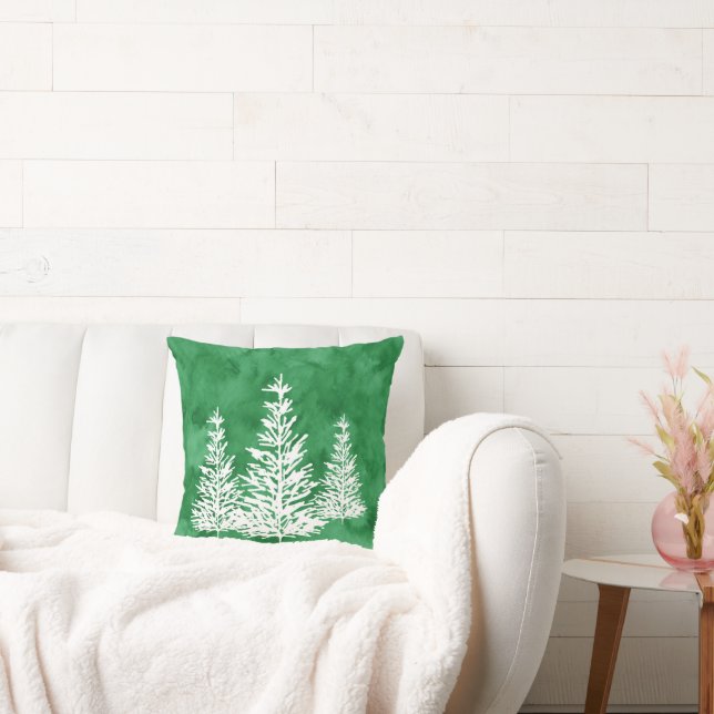 Three Pine Trees Green Watercolor Abstract Throw Pillow (Couch)
