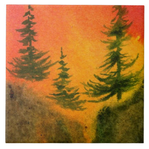 Three pines at sunrise / sunset with fiery colors ceramic tile