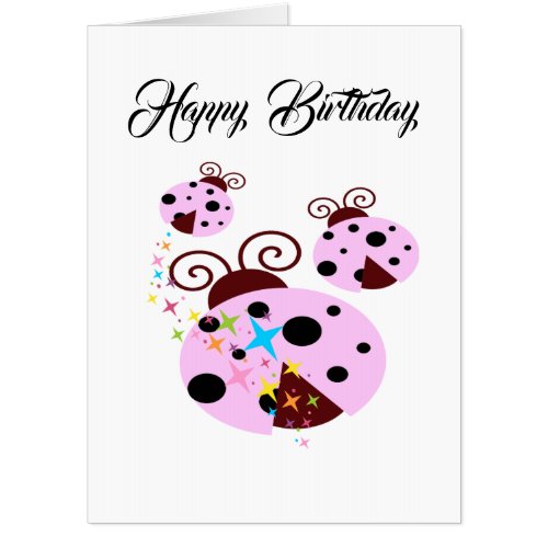 Three pink and black ladybug with stars card