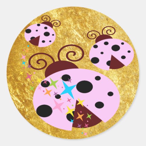 Three pink and black ladybug with stars classic round sticker