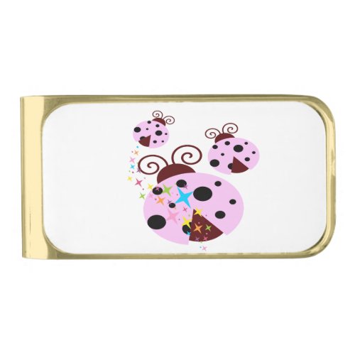 Three pink and black ladybug with stars gold finish money clip