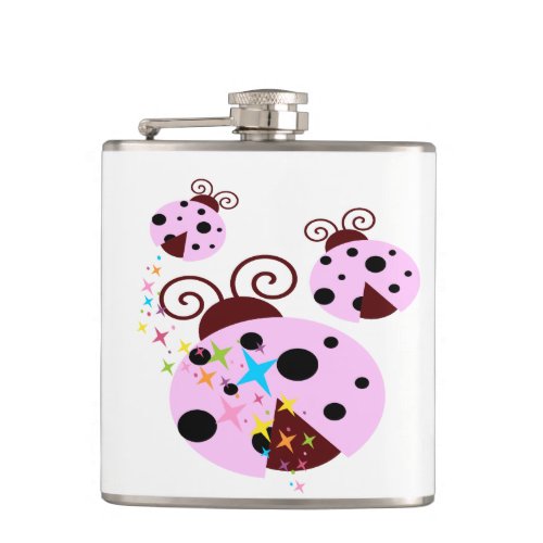 Three pink and black ladybug with stars hip flask