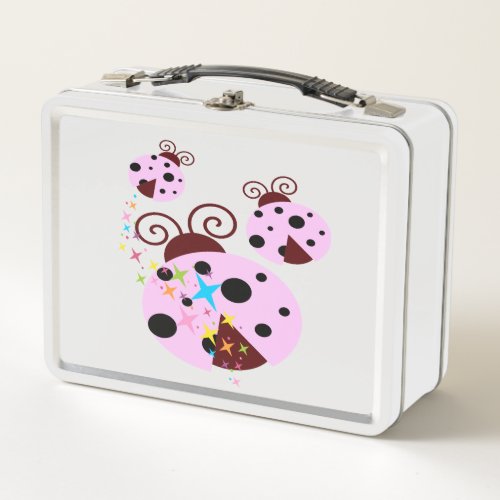 Three pink and black ladybug with stars metal lunch box