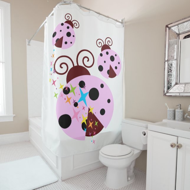Three pink and black ladybug with stars shower curtain (In Situ)