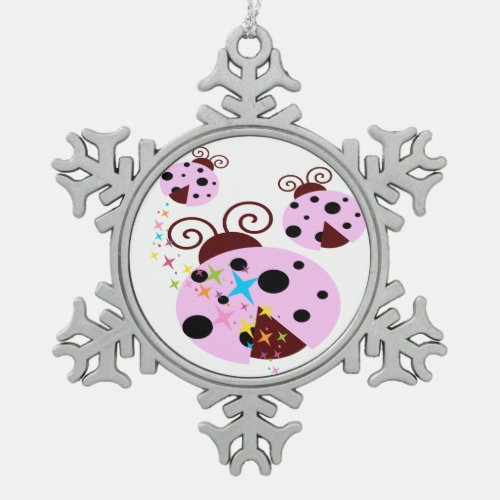 Three pink and black ladybug with stars snowflake pewter christmas ornament