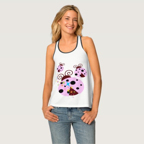 Three pink and black ladybug with stars tank top