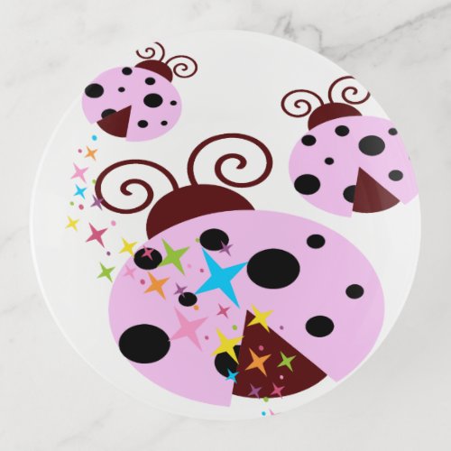 Three pink and black ladybug with stars trinket tray