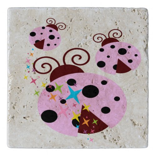 Three pink and black ladybug with stars trivet