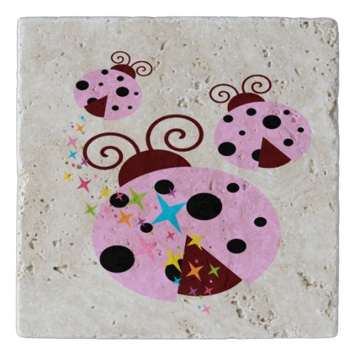 Three pink and black ladybug with stars trivet