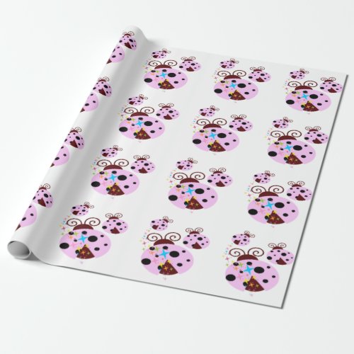 Three pink and black ladybug with stars wrapping paper